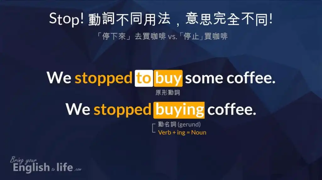 停止英文 STOP 動詞的兩個不同表達｜「停下來」VS. 「停止」買咖啡｜活化英文